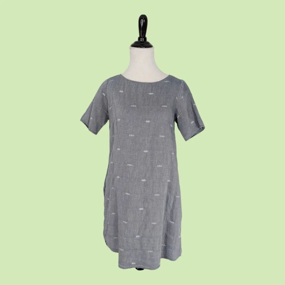 EILEEN‎ FISHER Denim Blue Cotton Nomadic Stripe A-Line Boat Neck Dress PP PS